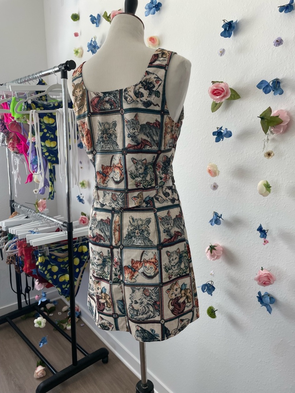Cat Print Square Neck A-Line Dress in Cream and Multi - Picture 10 of 15